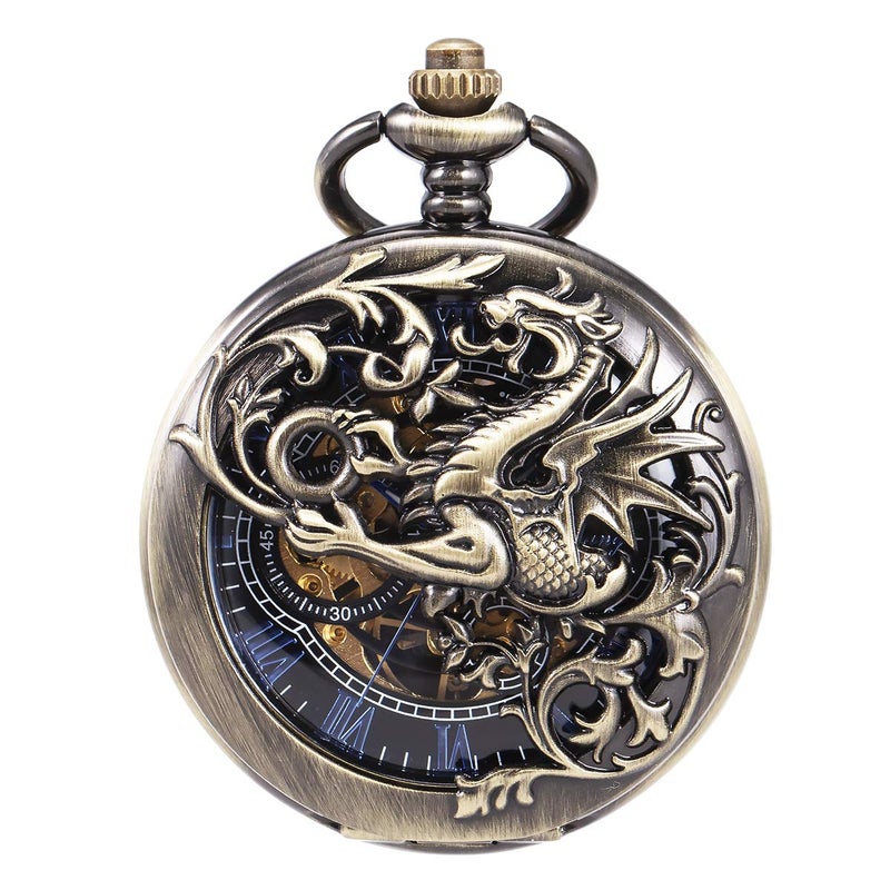 ManChDa Mens Antique Skeleton Mechanical Pocket Watch Dragon Hollow Hunter with Chain and Box - Image 1